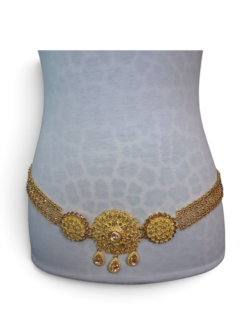 Gold-Tone Waist Chain Belt with Filigree Medallions Belly Dancer Jewelry